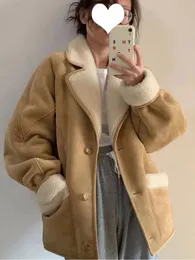Moda jaqueta de couro de lã de cordeiro para mulheres elegante lapela engrossar casaco quente chique camurça casaco curto pele de cordeiro outwear 231226