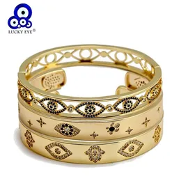 Lucky Eye Micro Pave Zircon Fatima Hand Turkish Evil Bangle Gold Color Copper Open for Women Girls Jewelry BE220 210918274o