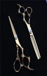 Ножницы для волос 55 дюймов 16 см 440C Индивидуальный логотип Золотая парикмахерская Обычные филировочные ножницы Профессиональный инструмент для укладки C90052022685