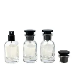 Transparent glas parfymflaska 30 ml tom rund form doftåfyllningsbara containrar svart lock doft kosmetisk förpackning atomizer sparken dimma flaskor