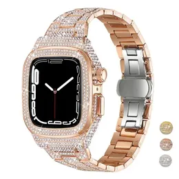 Correias de luxo kit de modificação de diamante completo com capa para apple watch 9 8 7 45mm caixa de aço inoxidável banda iwatch série s9 6 5 4 s