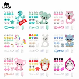Lofca silikon teether träpärlor set bpa gratis diy baby tandhalsband Toy Cartoon Koala Raccoon Pacifier Chain Clip 231226