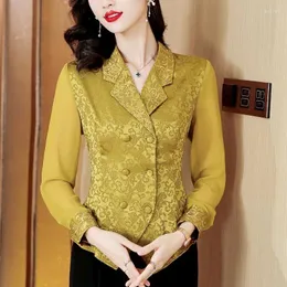 Женские блузки, 1 шт., топы, весенняя мода 2024, жаккардовая ткань из натурального шелка с длинными рукавами, женские узкие рубашки в стиле ретро