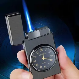 Portable Metal Electronic Dial No Gas Lighter Outdoor Windproof Straight Flush Blue Flame Cigar Lighter Men's Smoking Accessories