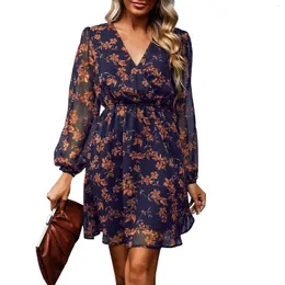 Casual Dresses Chiffon V-Neck Långärmad miniklänning Kvinna Floral Holiday Beach Tunic Short Cover Up 2023 Summer Beachwear