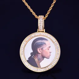 Nya anpassade PO -medaljonger Runda halsband PO -ramhänge med repkedja Guldkubik Zircon Rock Street Men's Hip Hop JE228Y