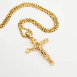 Religious INRI Crucifix Jesus Cross Pendant Necklace Golden Color 14k Yellow Gold Neck Chain For Men Christian Catholic Jewelry