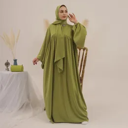 Vêtements ethniques Mode Lâche Abaya Manches bouffantes Dubaï Turquie Doux Satin Hijab Robe 2pcs Ensemble Robes Musulmanes Islamiques Plaines