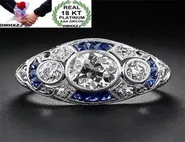 OMHXZJ Intero europeo Tre anelli di pietra Moda Donna Uomo Festa Regalo di nozze Lusso Ovale Bianco Blu Topazio Zircone 18KT Bianco Go5977244