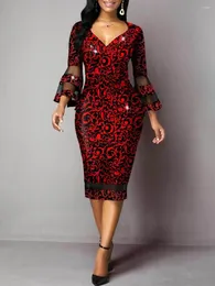 Sukienki swobodne zabytkowe siatki Flare trzy ćwierć rękawowe Patchwork Pencil Dress Women 2024 Summer elegancka elegancka w szpic w szczupła bodycon seksowna