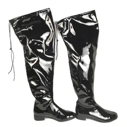 Kvinnor Män över knästövlarna runt tå platt skor lår höga vinterlånga stövlar svart patent läder topp spets komfort skor 231226