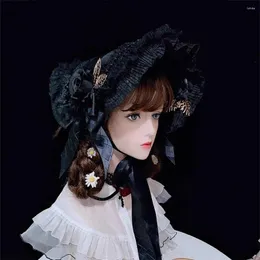 Imprezy Wspaniała gotycka vintage dziewczyna Lolita Victorian Court Sun Hat Bnt Cosplay Flower Multilayer koronkowy łańcuch koralików Bonnet