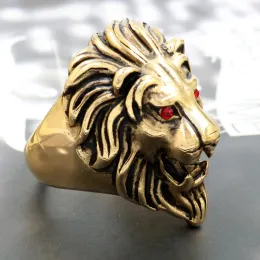 Size 7-15 New Fashion High Quality Animal Stone Mens Lion Rings 14k Yellow Gold Rock Punk Male Women Lions Head Gold Jewelry