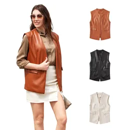 OC0055 European and American Women's Tank Tops Sleeveless PU Faux Leather Vest Loose Oversized Cardigan Short Large Size Coat