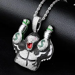 Placcato oro Bling Colorato Cartoon Gorilla Holding Money Bag Cubic Zirconia Collana con pendente grande Masculina Bijoux Gioielli Hip Hop 265U