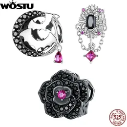 Bracelets Wostu Sterling Sier Fleurdelis Hanging Bead Black Bat Charm Rose Red Zircons Dangle Fit Original Bracelet Diy Jewelry