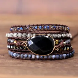 Bangle Exclusive Leather Bracelet Black Onyx Mix 5 Strands women and men Wrap Bracelets Bohemian Bracelet gift jewelry Dropship