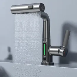 Cachoeira temperatura display digital torneira da bacia levantar para baixo fluxo pulverizador de água fria pia misturadora lavagem para banheiro 231226