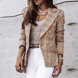 Blazers Women's Suits Blazers Women Plaid Double Button Slim Blazer autumn Lengeve Sleeve Office女性カジュアルターンダウンカラーKhaki ol 202