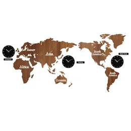 Klockor Creative World Map Wall Clock Woods Large Wood Watch Wall Clock Modern Europeisk stil Rund Mute Relogio de Parede