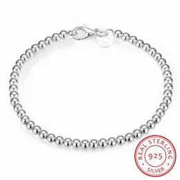 100% 925 Solido Reale Argento Sterling Moda 4mm Perline Bracciale a catena con sfere 20 cm per Ragazze Adolescenti Lady Regalo Donna Gioielleria Raffinata234J