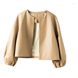 Giacca da donna in pelle 2023 promozione autunno moda pelle di pecora giacca con maniche a lanterna girocollo a bolle cardigan corto Le