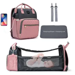 Bags LeQueen New Design 3 in 1 USB Diaper Bag Baby Crib Foldable Sleeping Bed With Changing Pad Sunshine Shade Dropshipping 210326