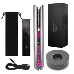 Alisadores Mini 2 em 1 Rollerflat Iron USB 4800mAh Alisador de cabelo sem fio com base de carregamento Modelador portátil sem fio para uso seco e molhado