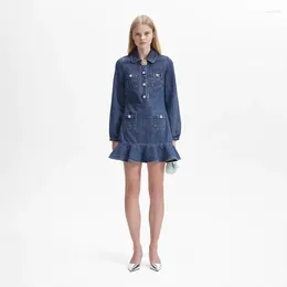 Casual Dresses 2023 Autumn And Winter Women Fashion Brooch Details Lotus Leaf Hem Denim Diamond Button Mini Dress