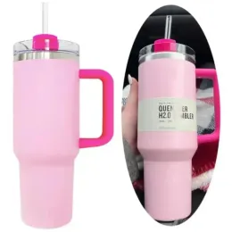 Con logo Fenicottero rosa H2.0 Bicchieri in acciaio inossidabile da 40 once Tazze Manico in silicone Coperchio Paglia Tazze per auto da viaggio Continua a bere Bottiglie di acqua fredda Regalo di San Valentino E1227