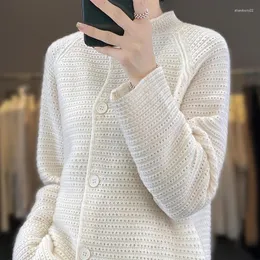 Magliette da donna 2023 Spring and Autumn Stand Collar Soft Waxy Wool Cardigan Women Welse Whutle Coat Cashmere Knit Sweater