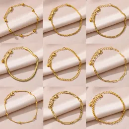 خلخال للنساء 14K الذهب الأصفر الذهبي ألوان السلسلة من Anklet أنثى الصيف شاطئ الإكسسوارات القدمين الساق الأساور أزياء المجوهرات