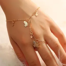 Charmarmband Design Gold Color Star Butterfly Armband för kvinnor Fashion Connected Finger On Hand Female Ring Boho Jewelry Gift324U