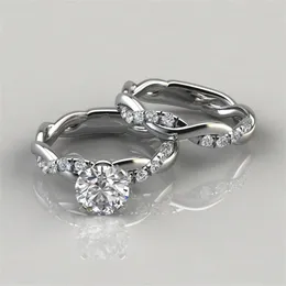 925 Sterling srebrny okrągłe diamentowy pierścionek zaręczynowy i zestaw ślubny Pierścionki zaręczynowe Rozmiar 5 -122813
