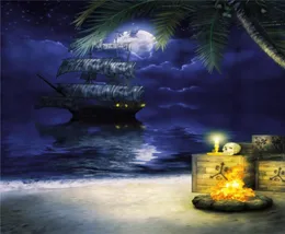 Starry Sky Pirate Ship Pography Backdrop Dark Blue Night Treasure Boxes Seaside Palm Tree Children Barn Studio PO Shoot Back7865469