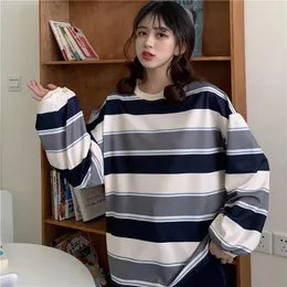 Frauen Hoodies Herbst Einfarbig Streifen Lose Koreanische Langarm Top Rundhals Oversize Sweatshirt Tragen Wn