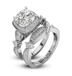 2 PCS 눈부신 독특한 러브 디자인 925 스털링 실버 화이트 사파이어 다이아몬드 결혼식 약혼 반지 세트 크기 6105993828894292