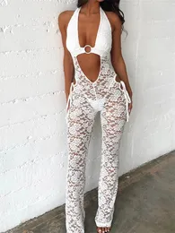 Sexy See através do Floral Lace 1 peça Women Jumpsuit Cutout Halter Halter elegante sem costas de macacões brancos pretos roupas de boate 231227