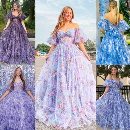 Floral Print Formal Party Dress 2k24 Puff Ballon Sleeves Ruffle Tulle Junior Pageant Senior Prom Evening Event Hoco Gala Cocktail Red Carpet Gown Photoshoot Custom