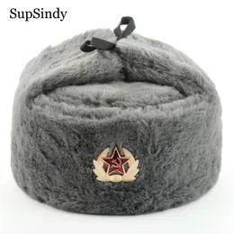 Supsindy Soviet Badge Ushanka Men Men bomber Hats CCCP Army Pilot Trapper Trooper Hat Winter Faux Rabbit Fur Earflap Snow Caps 231227