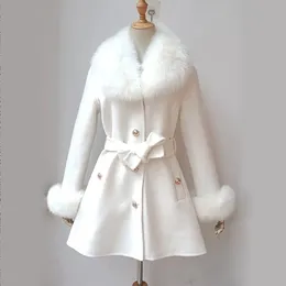 Vinter Real Fox Fur Coat Women Wool Jacket med naturlig rävpäls Slim Female Woolen Cashmere Outwear 231227