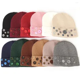 Boinas Elegante Unisex Raya Beanie Sólido Hombres Mujeres Sombrero Moda DIY Botón Cap Invierno Otoño Suave Moda Skullies Bonnet para niñas