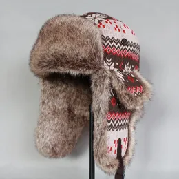 Chapéu de bombardeiro de inverno Mulheres russas Faux Fur Trapper Hat Men Ushanka Snow Cap with Earflaps 231227
