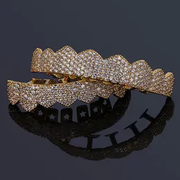 Iced Out CZ Mouth Teeth Grillz Caps Top Bottom Набор грилей для мужчин и женщин Вампирские грили 18-каратного золота с покрытием в стиле рок-панк-рэпер, аксессуары335n