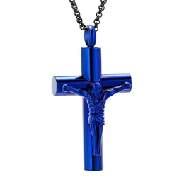 IJD11129 Jezus Cross Cremation Wiselant Blue Color Dift Dift Naszyjnik Wodoodporny Ashes Peepsake dla ukochanej stali nierdzewnej 240J