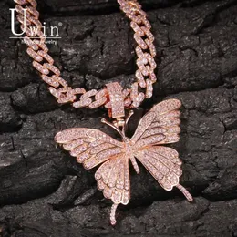 Uwin – pendentif papillon emblématique en or Rose 9mm, chaîne cubaine, breloque cubique, chaîne de Tennis Rose, collier pour hommes et femmes, bijoux Hip Hop, cadeau 254P