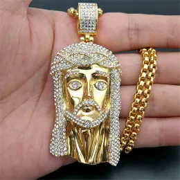 Golden Big Jesus Kristus huvud 14K Gul guldhalsband hänge med kedja för män isade ut strass hiphop kristna smycken