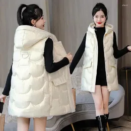 Coletes femininos cokal brilhante colete longo fino-ajuste sem mangas com capuz algodão leve casaco de luxo outono e inverno moda colete