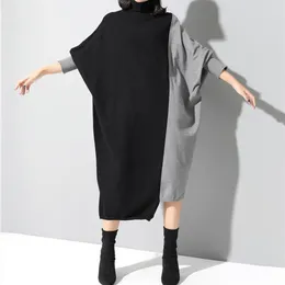 Casual Dresses Streetwearspliced ​​Sticked Long Women Sleeve High Neck Sweater Dress Color Block Patchwork Pullover Robes Vestidos