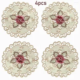 Table Mats Satin Placemat Tableware Flower Gift Place Mat Reusable Round Wedding Cover 4pcs Beige Dining Embroidered